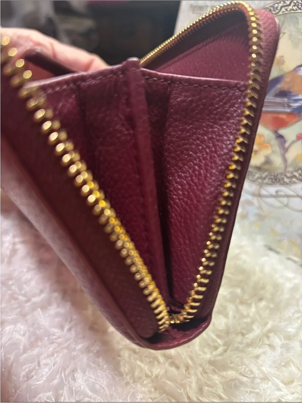 Tory Burch Burgundy Pebbled Leather Zip Wallet with Gold Logo - Picture 7 of 13